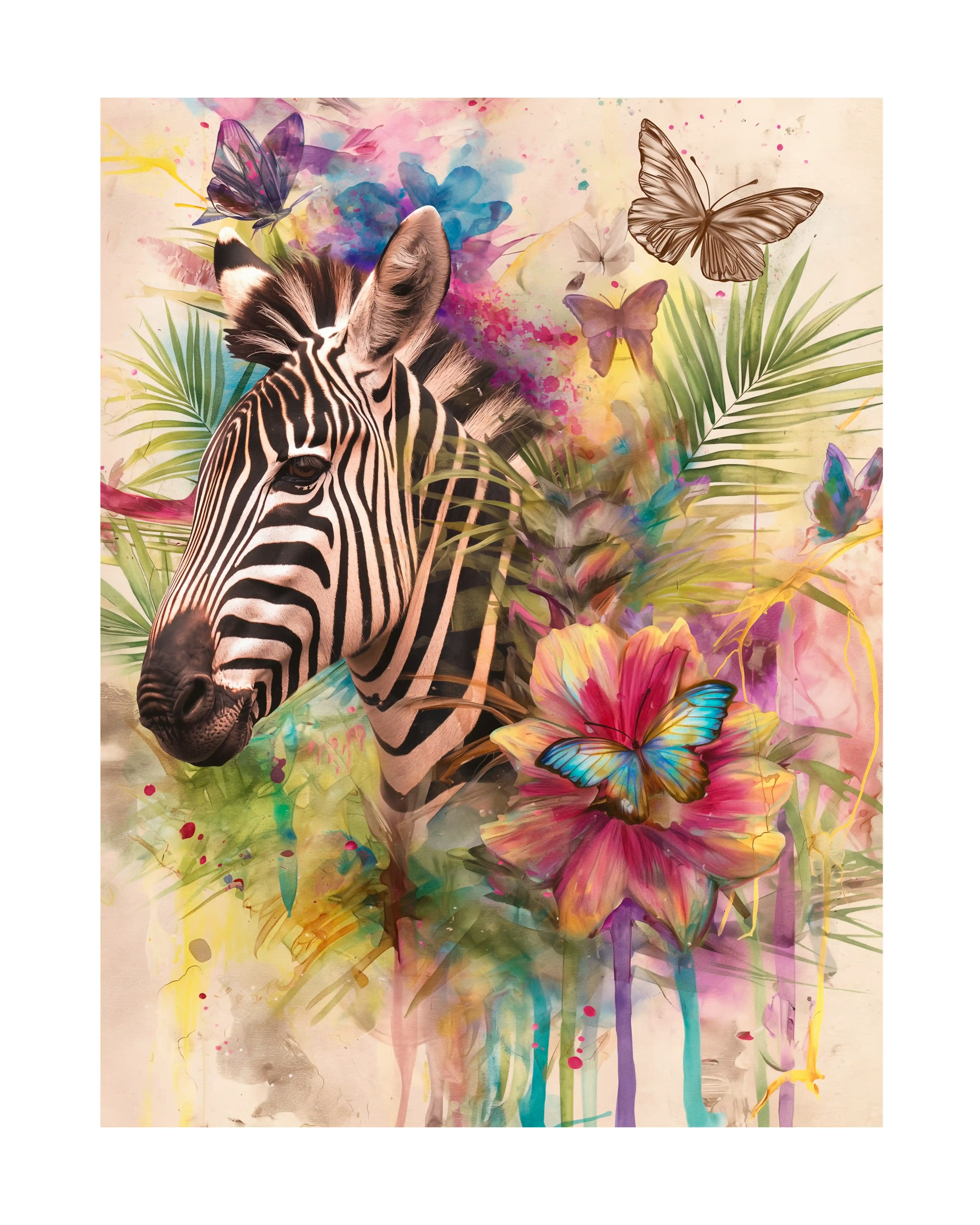 Retrato artístico de una cebra con fondo colorido, flores y mariposas.