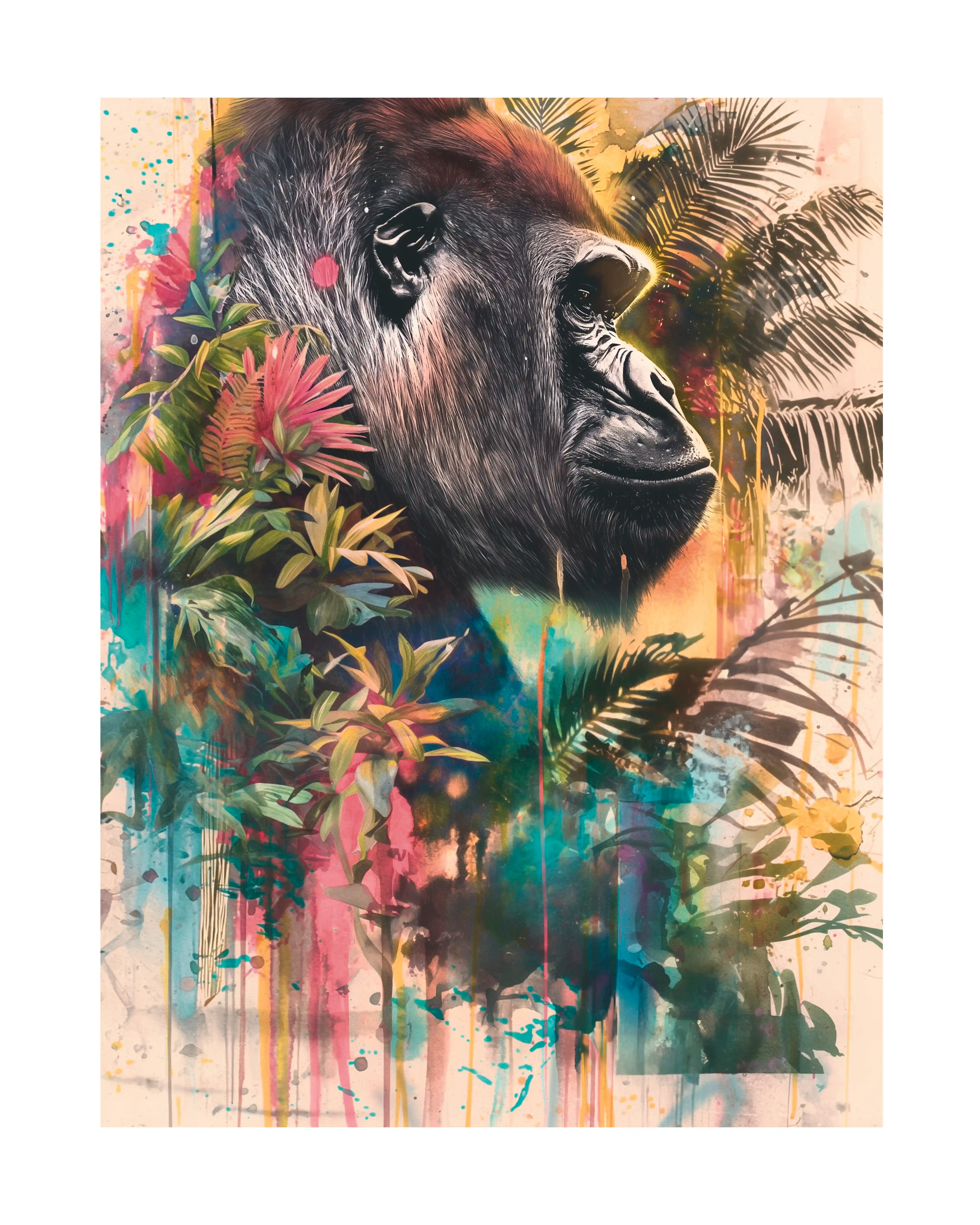 A vibrant illustration of a gorilla's head surrounded by tropical plants and colorful splashes of paint.