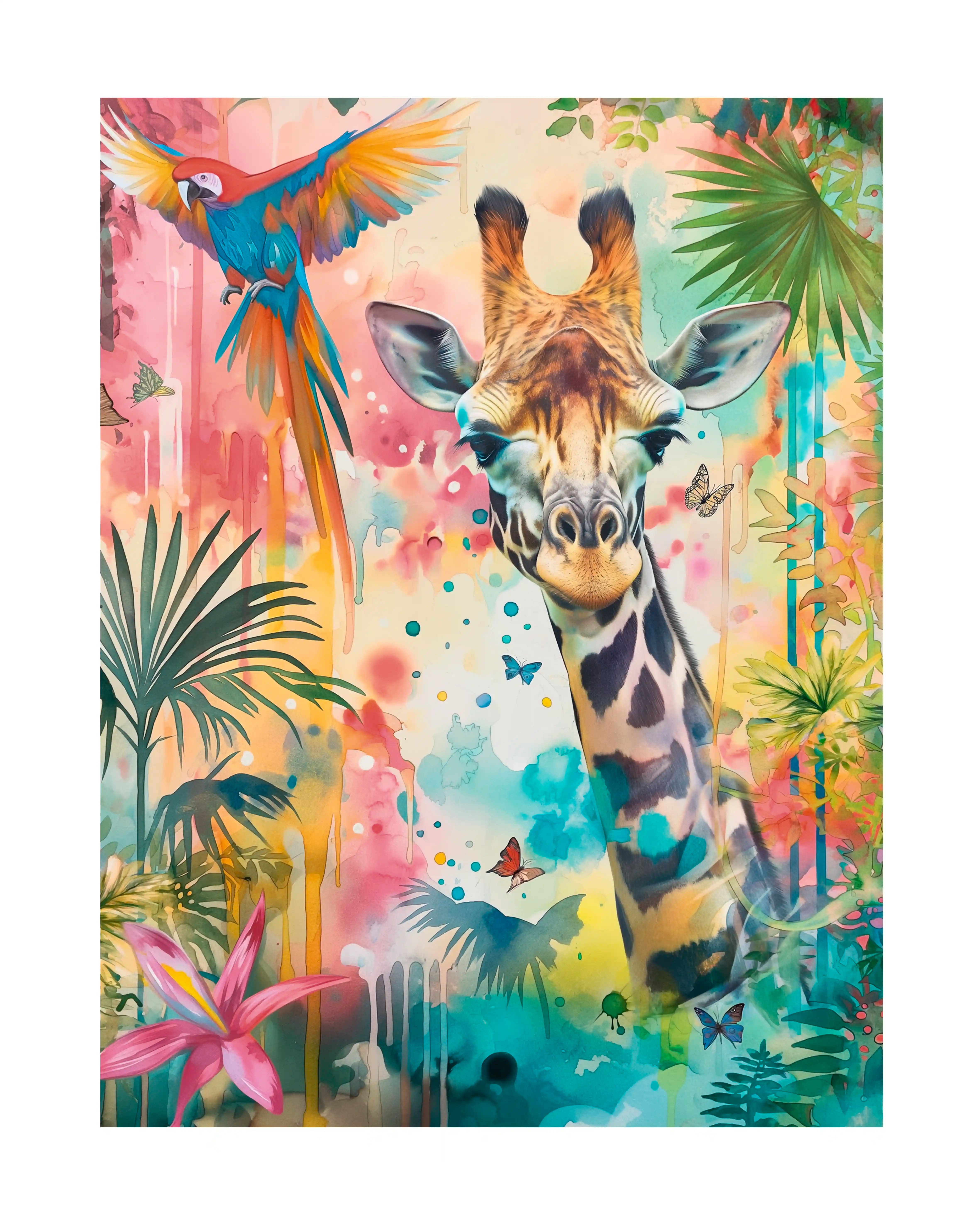 Ilustración colorida de una jirafa con un fondo vibrante de hojas tropicales, mariposas y un loro volando.
