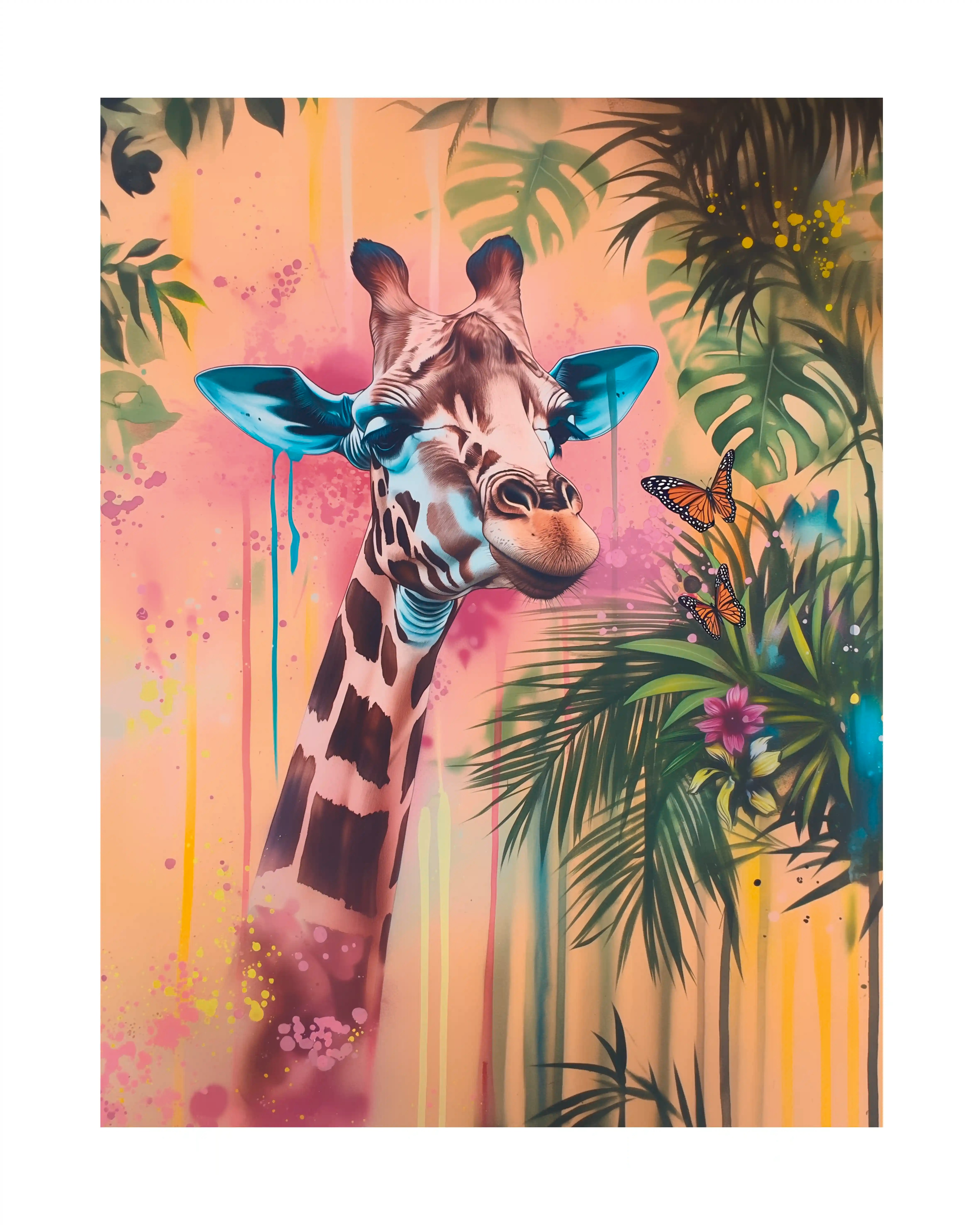 Retrato de una jirafa con una mariposa en un fondo colorido con plantas tropicales.