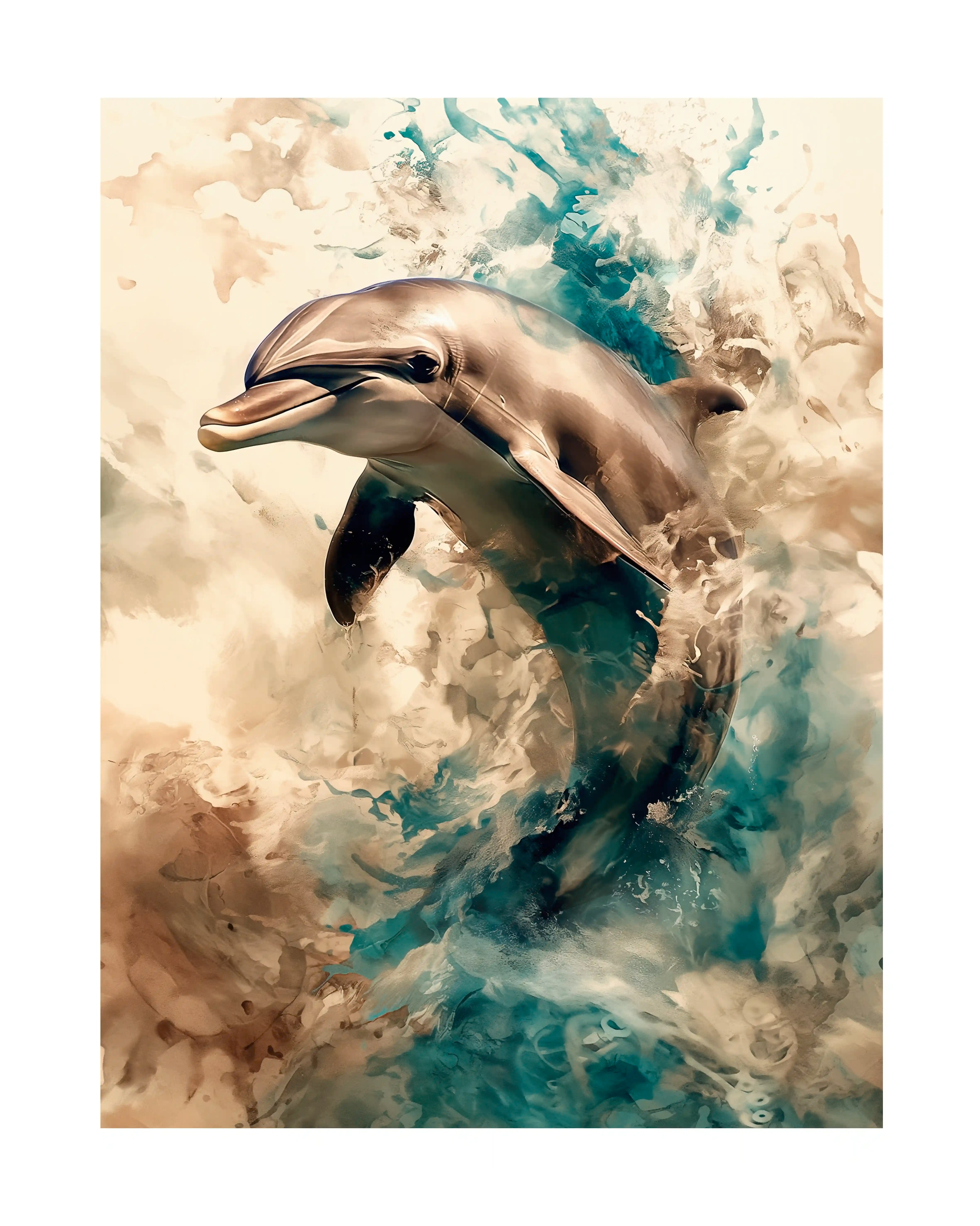 Un delfín saltando sobre una ola en un fondo abstracto de colores marrón y azul.